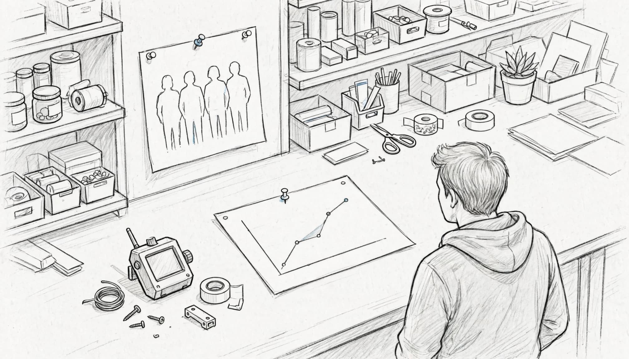 Un fondatore osserva un prototipo, sagome di clienti e un grafico in un makerspace.