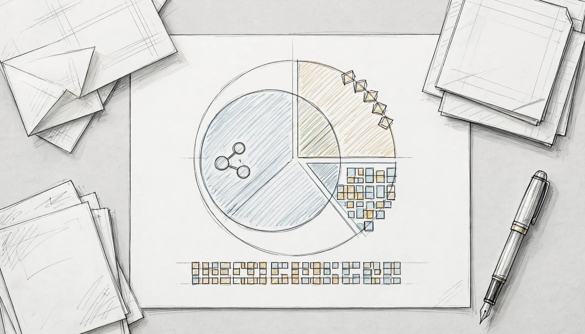 Schema circolare delle quote di una startup su un foglio, con documenti e penna intorno.