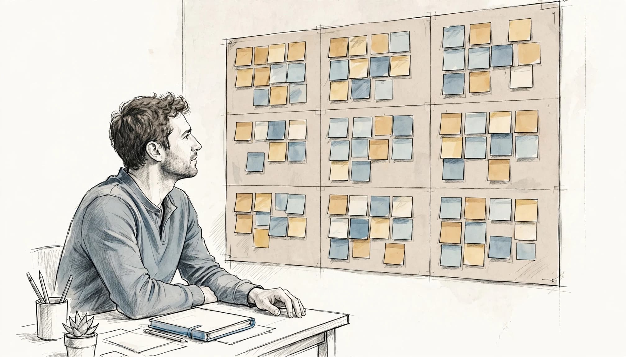 Un fondatore osserva un canvas con post-it colorati alla parete.