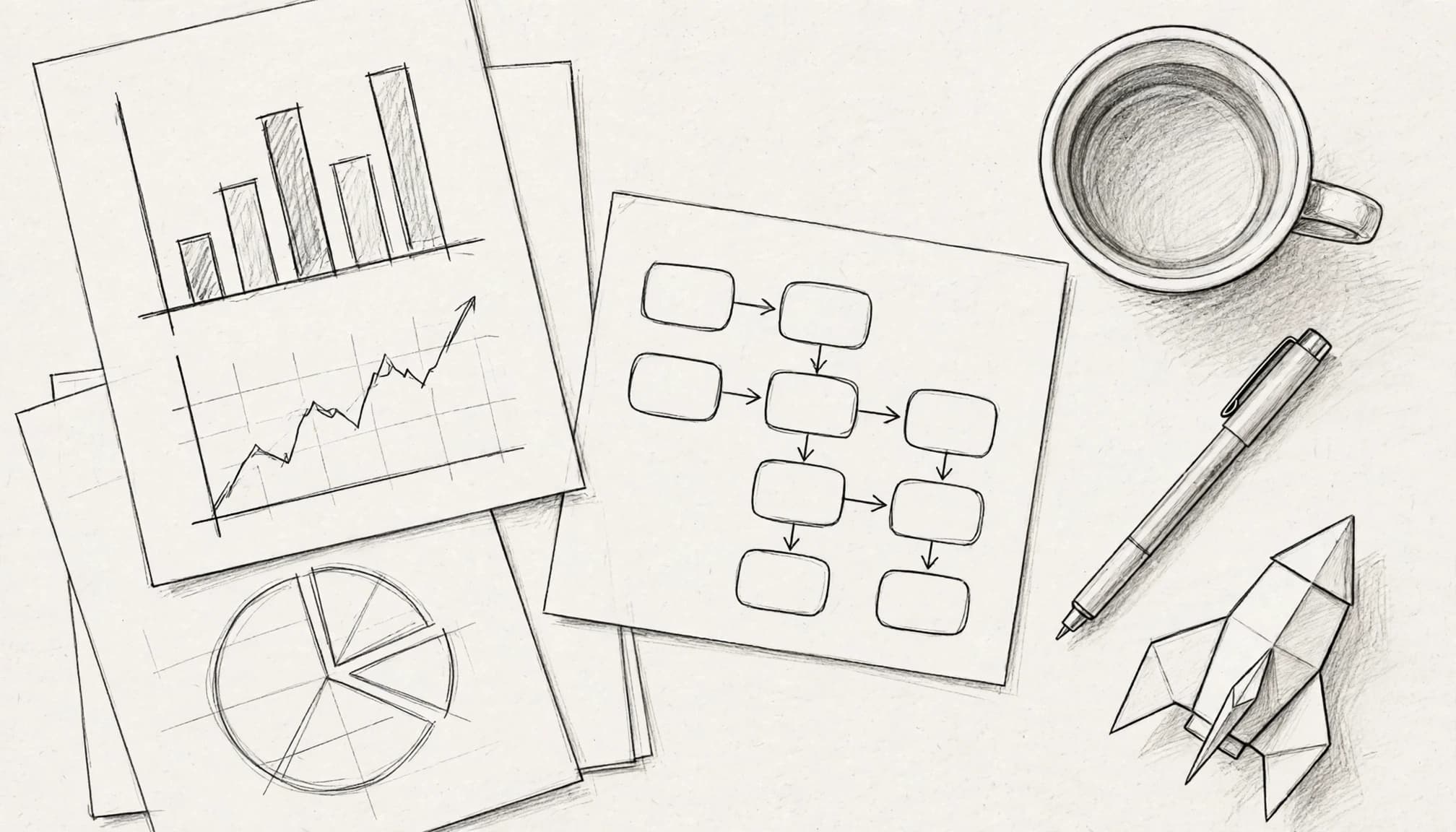 Disegno a matita di una scrivania con grafici, diagrammi, una tazza, una penna e un razzo di carta.