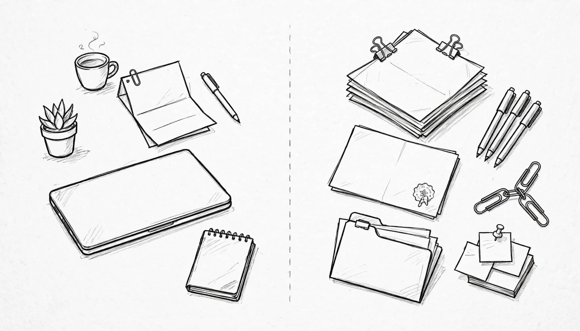 Due postazioni affiancate con contratti, un laptop chiuso e un documento aziendale.