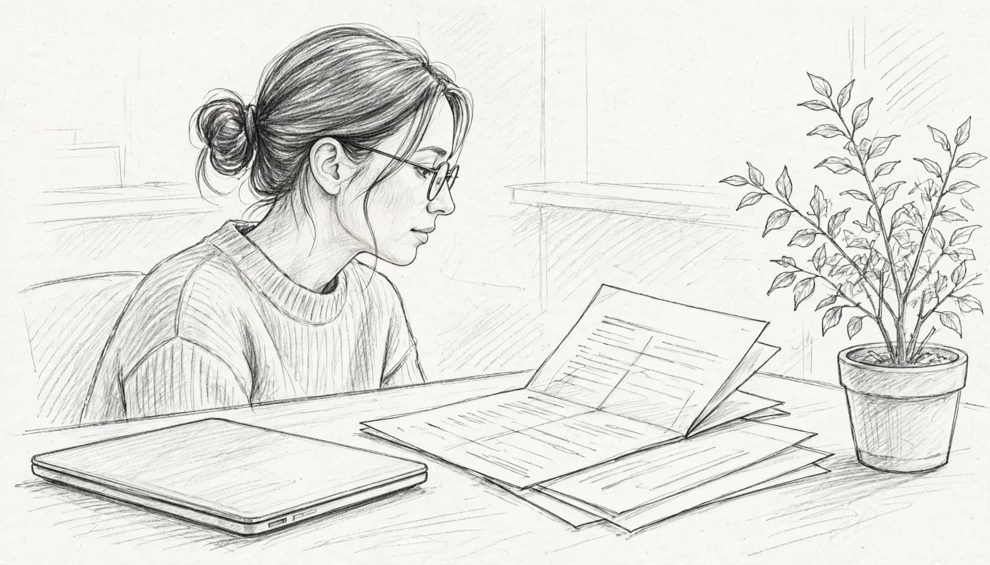 Disegno a matita di una donna con occhiali che legge documenti vicino a un computer portatile.