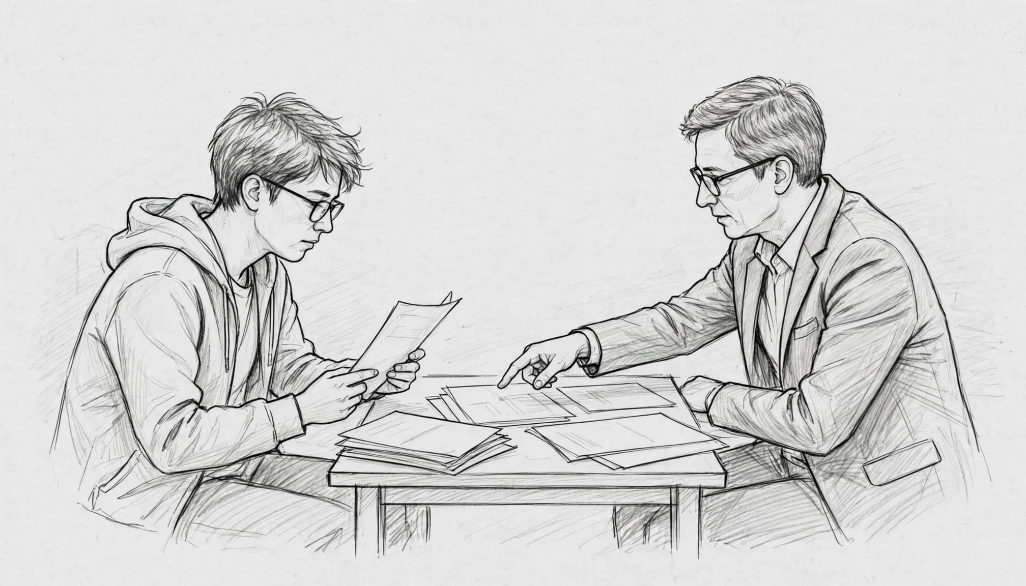 Disegno a matita di due persone che esaminano documenti su un tavolo.