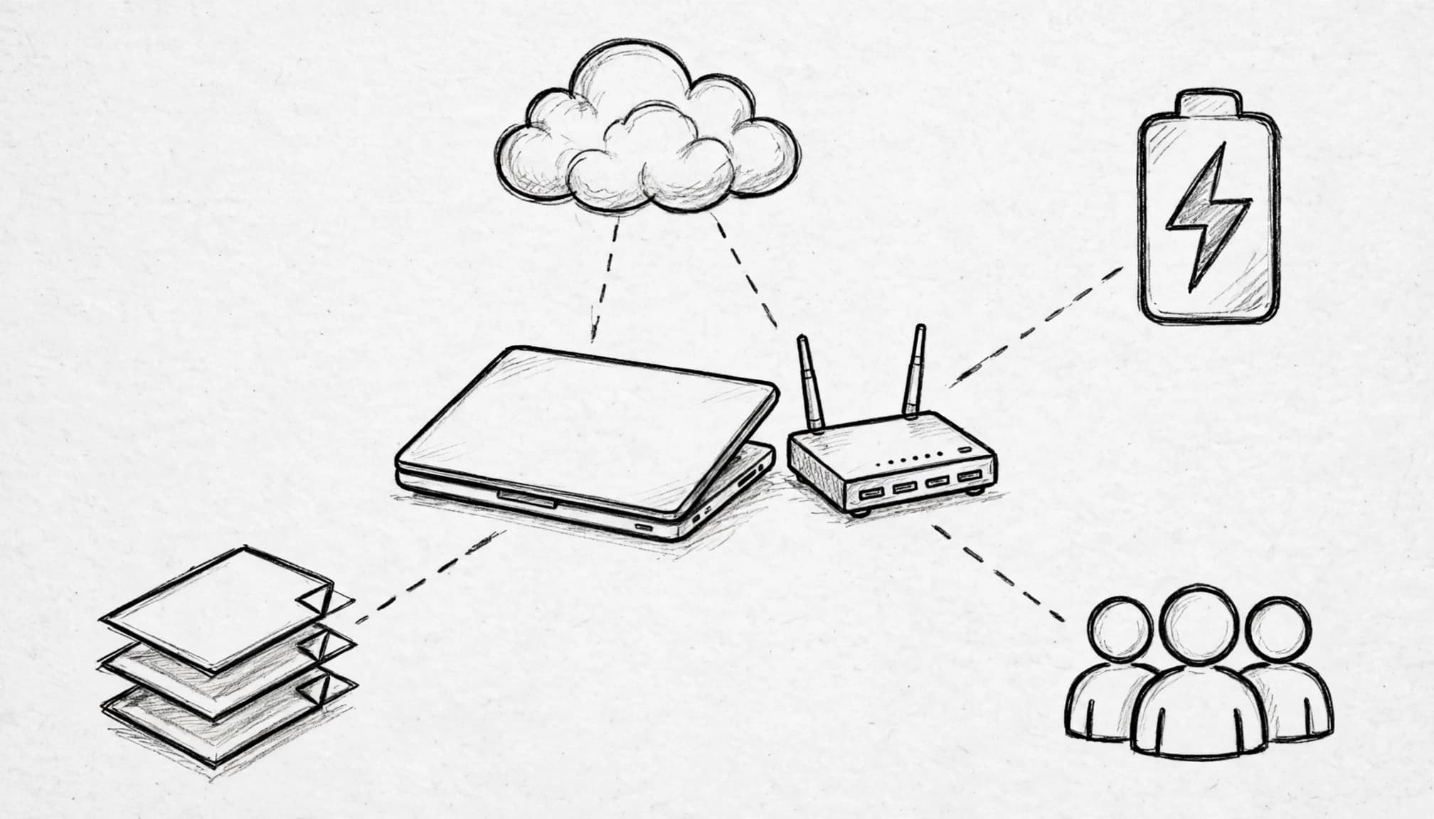 Laptop e router collegati a icone di backup, energia, persone e copie di dati.