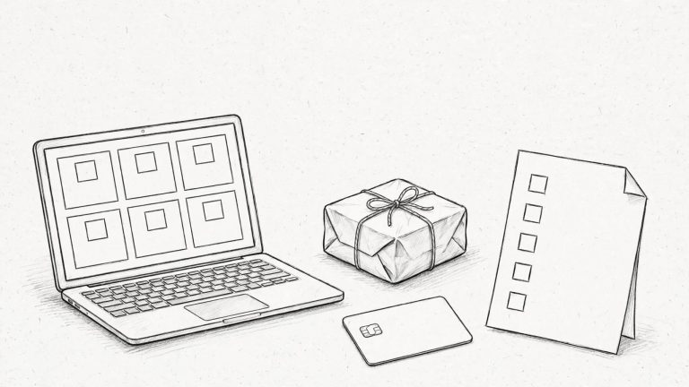Laptop con una vetrina online, un pacco, una carta e una lista di controllo.