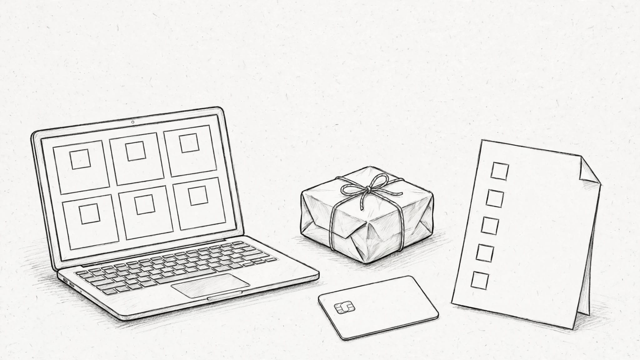 Laptop con una vetrina online, un pacco, una carta e una lista di controllo.