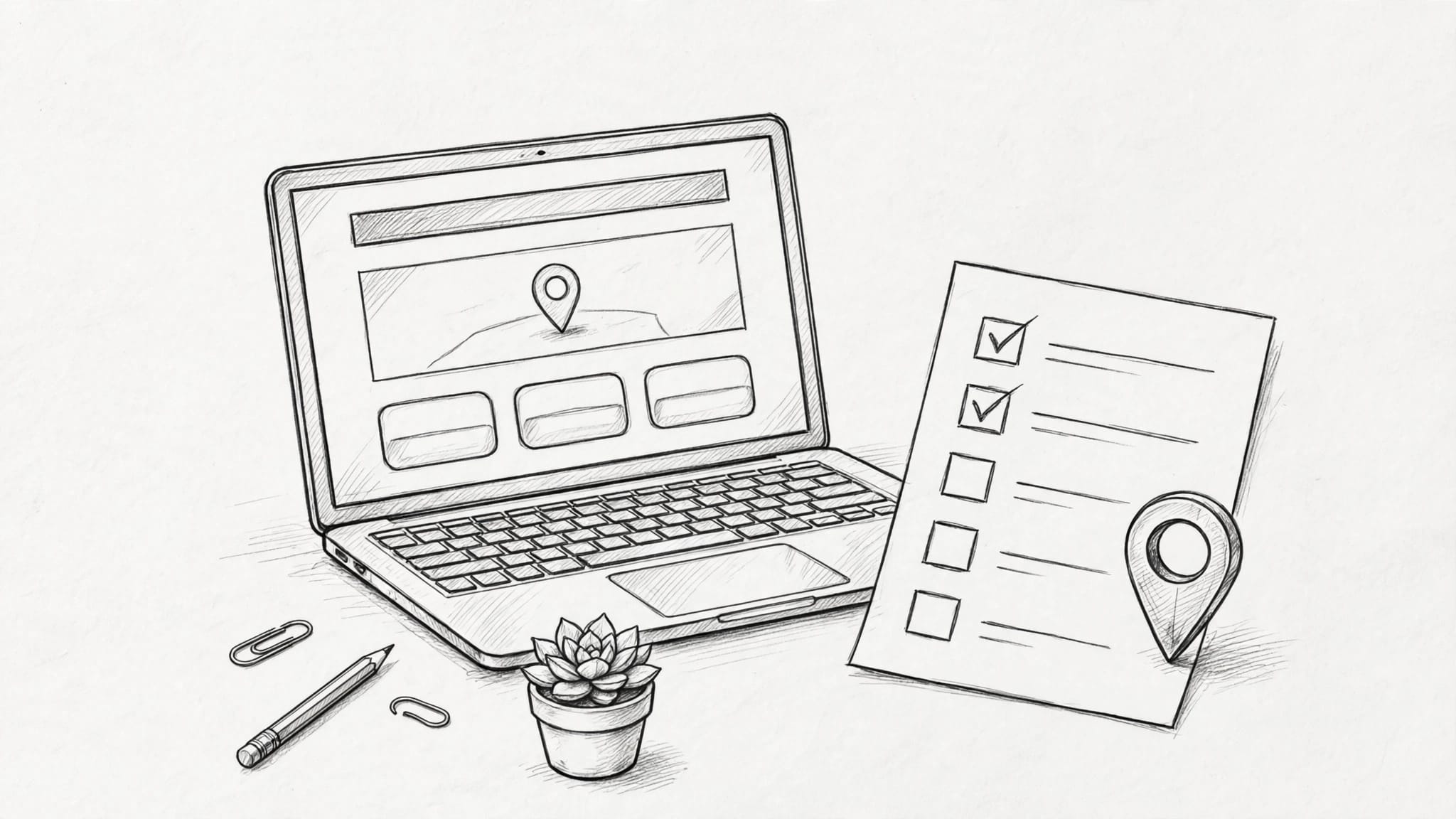 Laptop con una pagina web accanto a una lista di servizi e a un segnaposto.