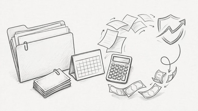 Fatture, calcolatrice e calendario illustrano il flusso del factoring.