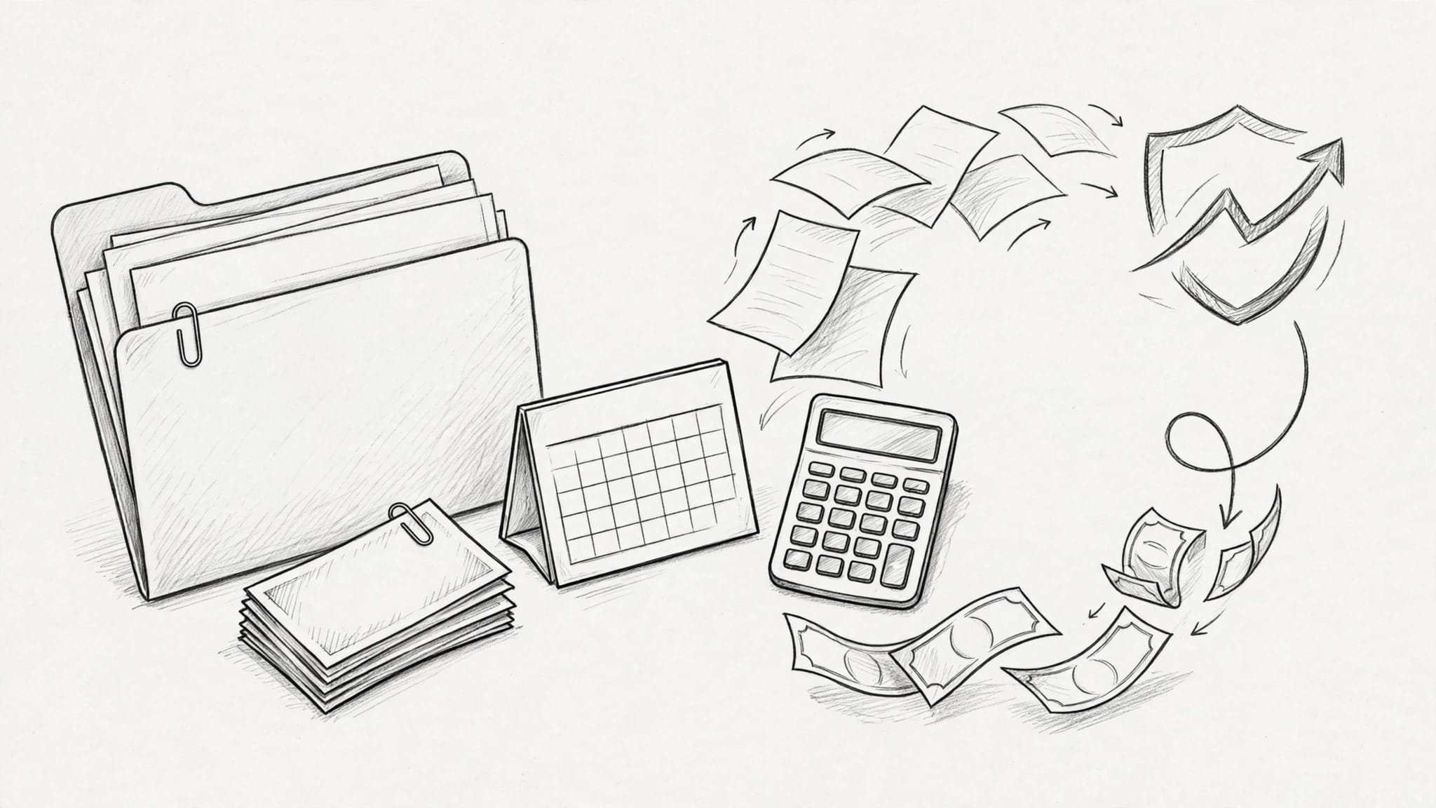 Fatture, calcolatrice e calendario illustrano il flusso del factoring.