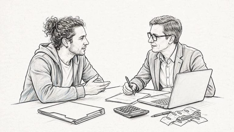 Una freelance e un commercialista controllano i conti tra laptop e ricevute.