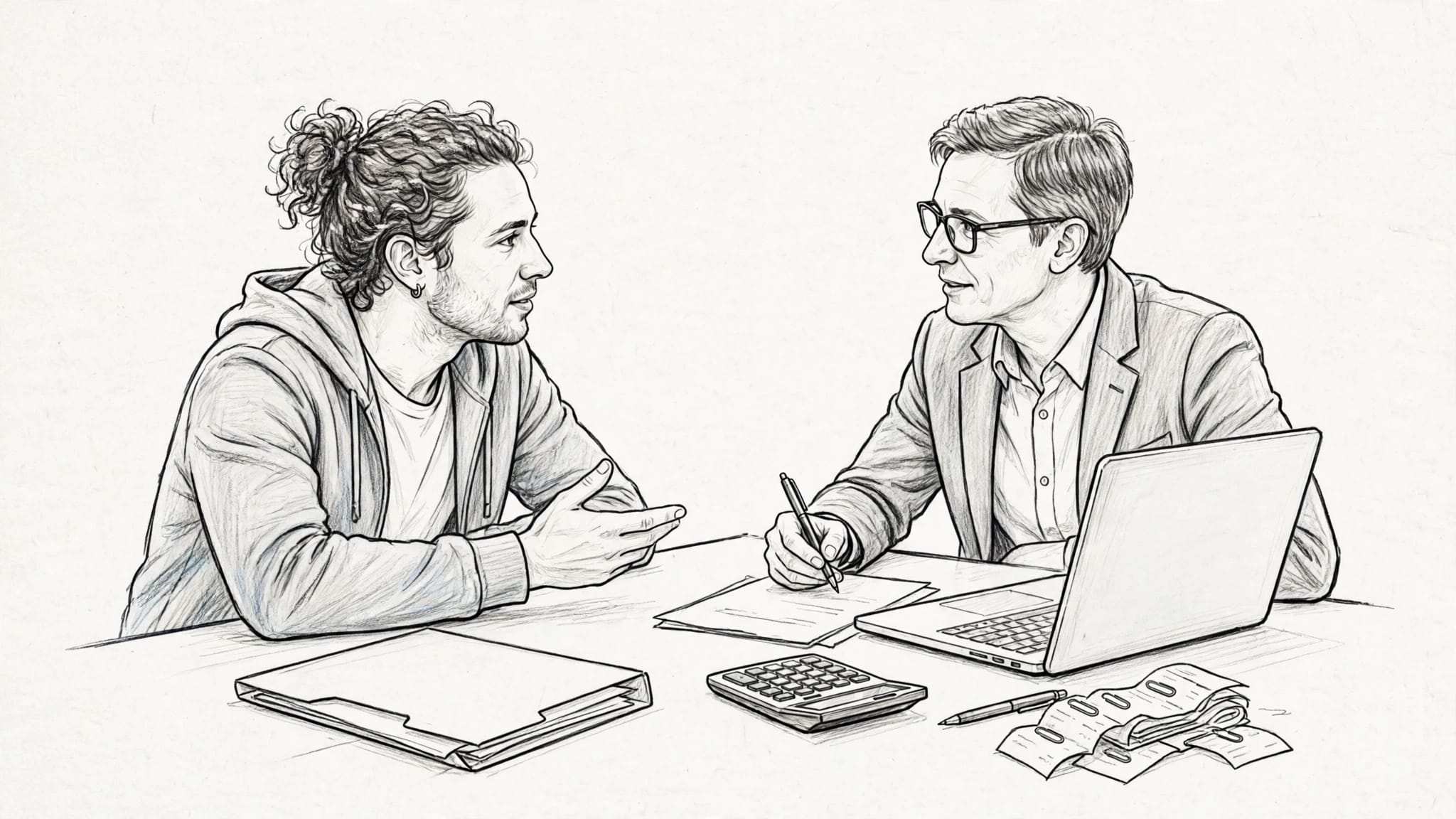 Una freelance e un commercialista controllano i conti tra laptop e ricevute.