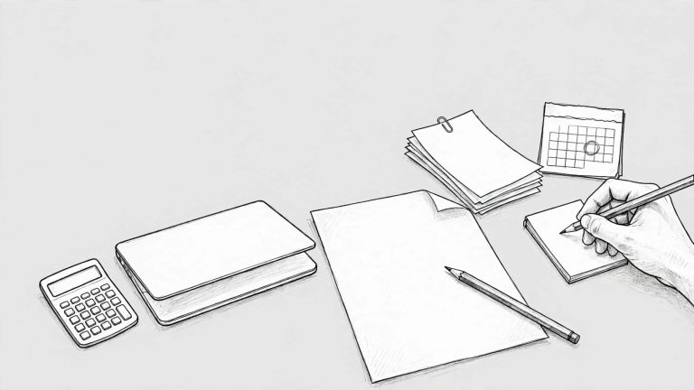 Una mano prepara un sollecito accanto a una fattura, un laptop chiuso e documenti ordinati.