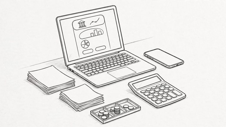 Laptop, smartphone, calcolatrice e documenti disposti su una scrivania ordinata.