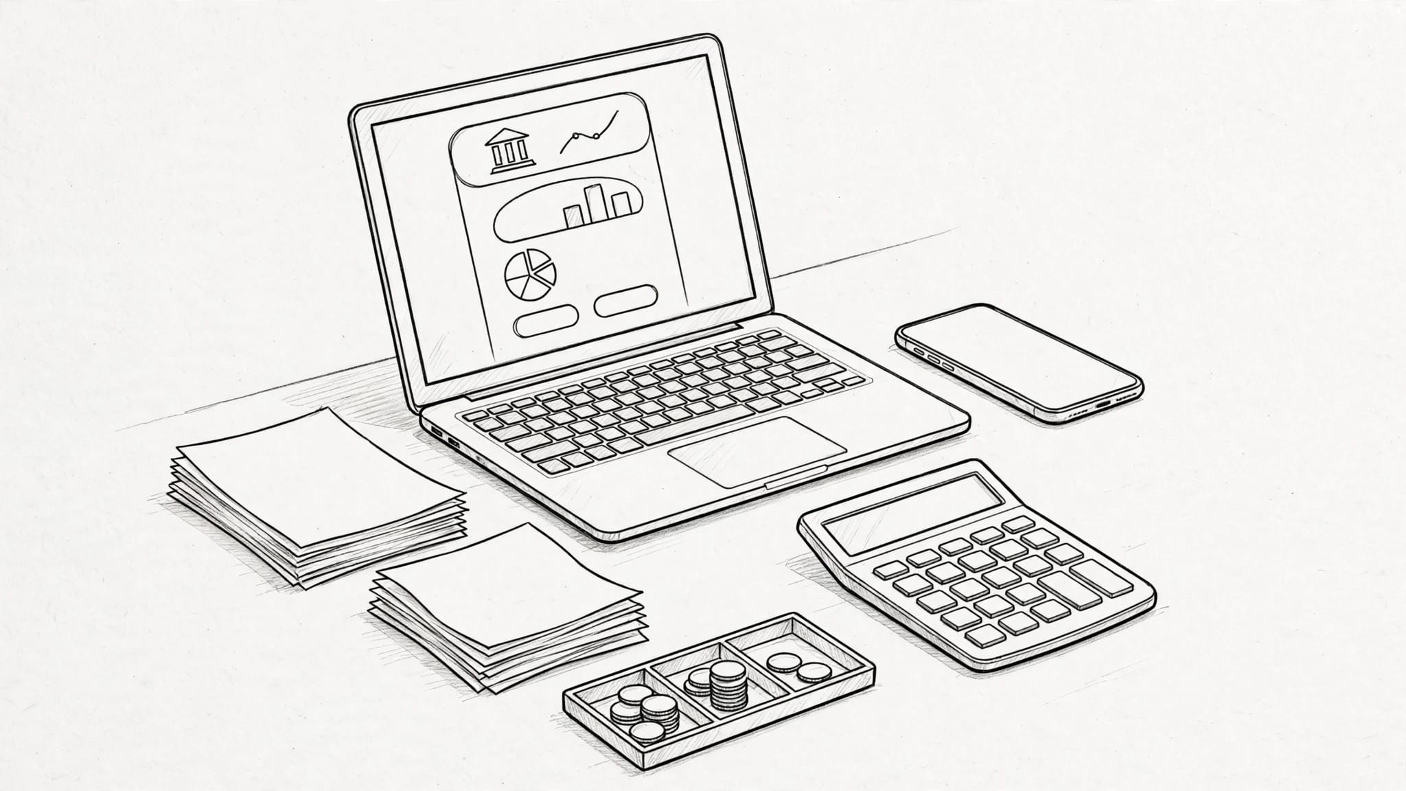 Laptop, smartphone, calcolatrice e documenti disposti su una scrivania ordinata.