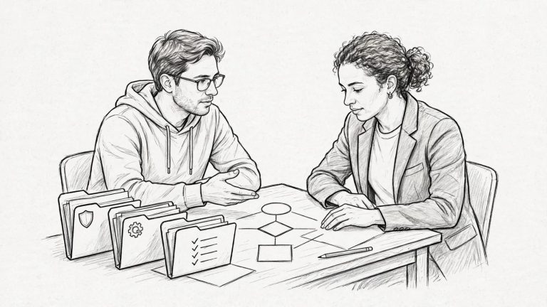 Due cofondatori discutono al tavolo con schemi e cartelle davanti a loro.
