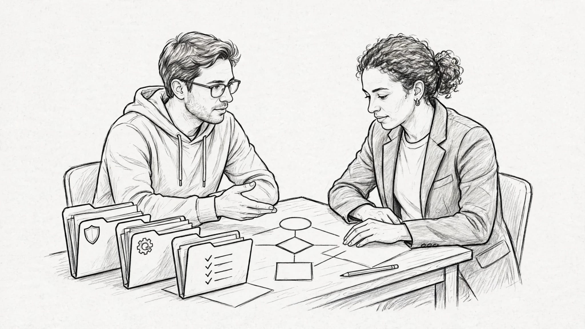 Due cofondatori discutono al tavolo con schemi e cartelle davanti a loro.