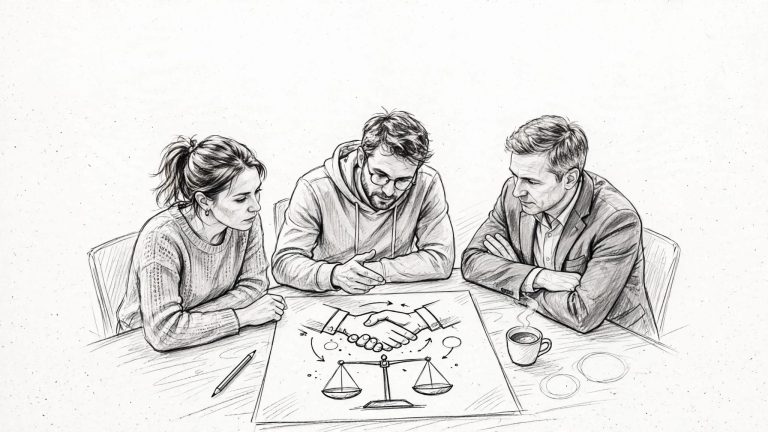 Due fondatori e un partner valutano insieme un piano di collaborazione al tavolo.