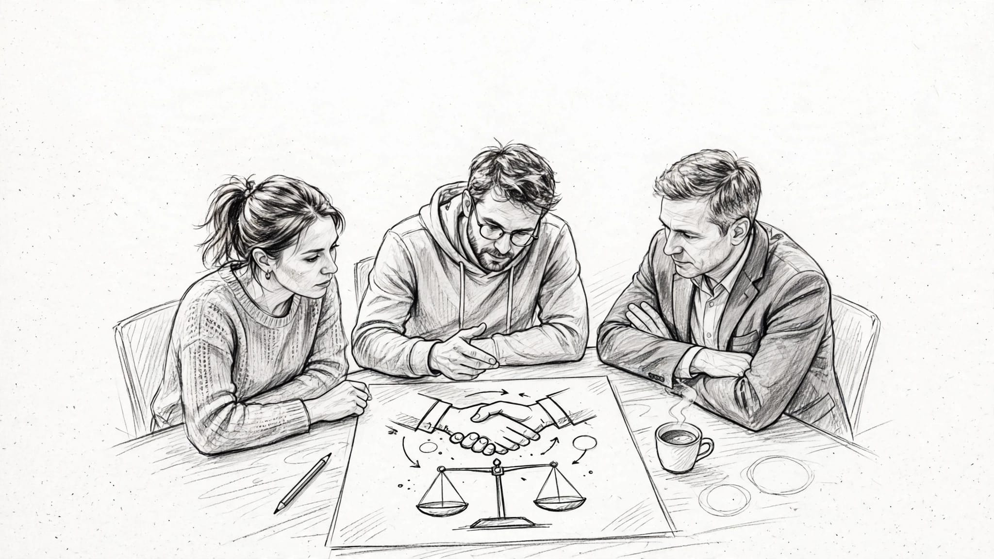 Due fondatori e un partner valutano insieme un piano di collaborazione al tavolo.