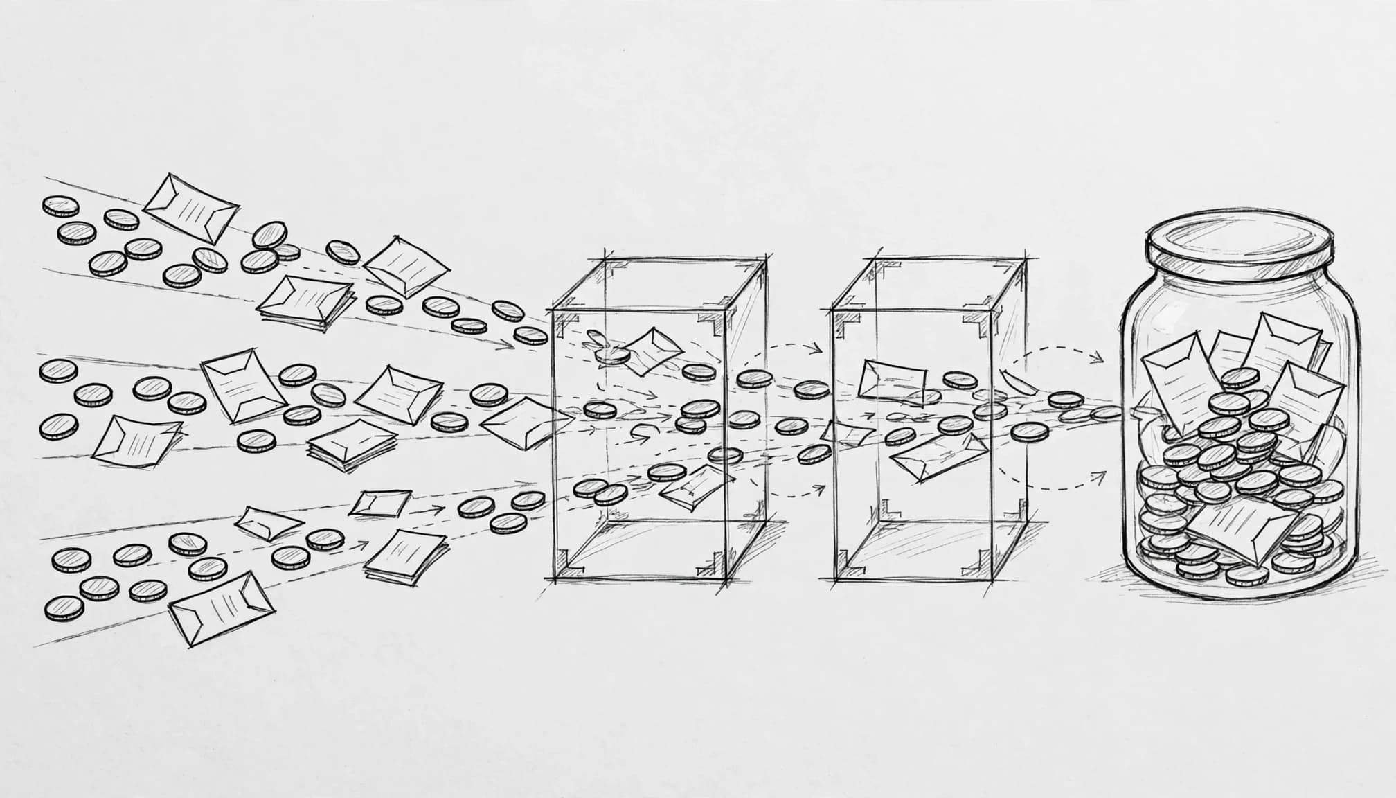 Illustrazione a matita di flussi di monete e fatture che confluiscono in un barattolo.