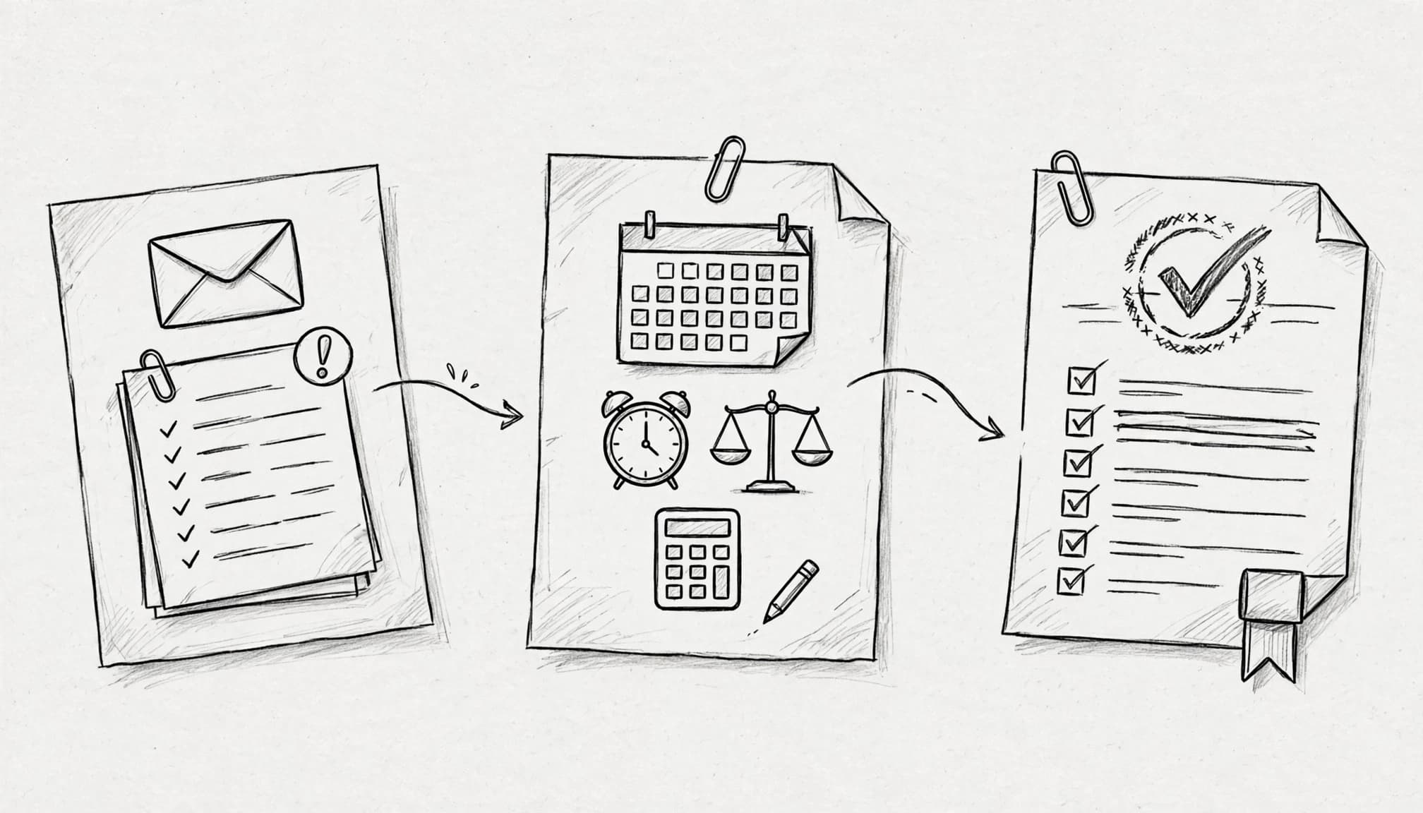 Illustrazione a mano di un flusso di lavoro in tre fogli con icone.