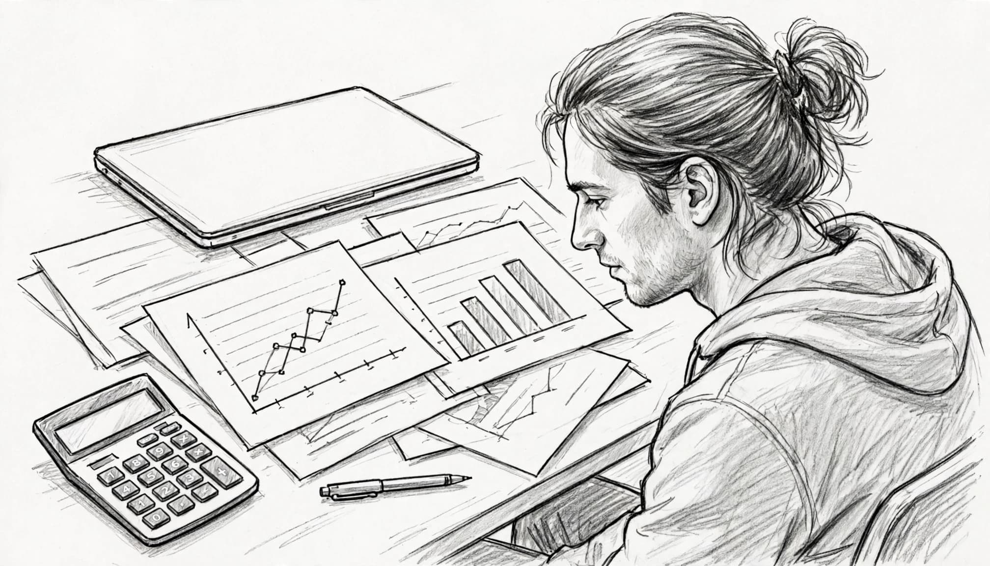 Disegno a matita di una persona che esamina grafici finanziari su una scrivania.