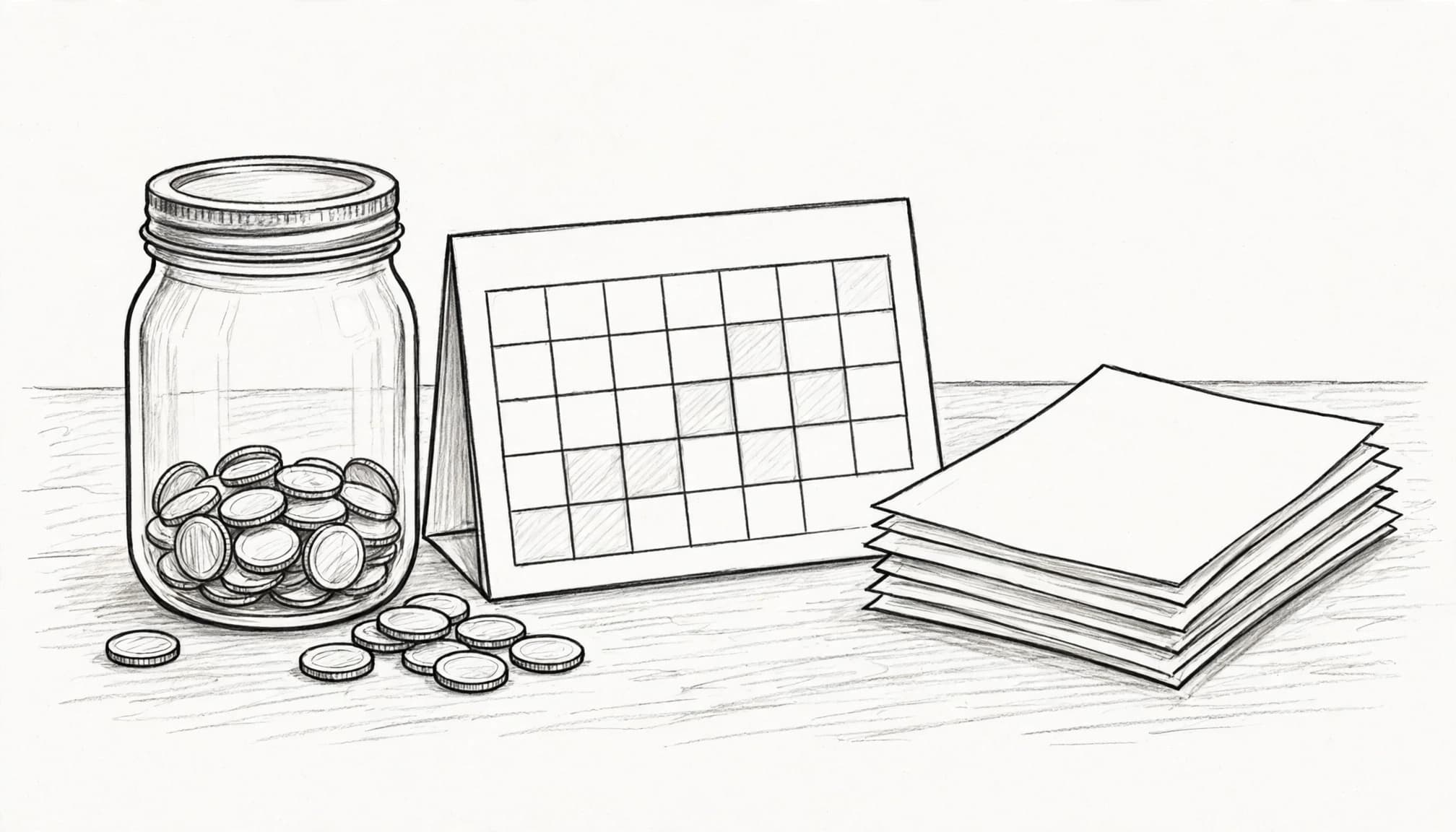 Illustrazione a matita di un barattolo con monete, un calendario da tavolo e documenti.