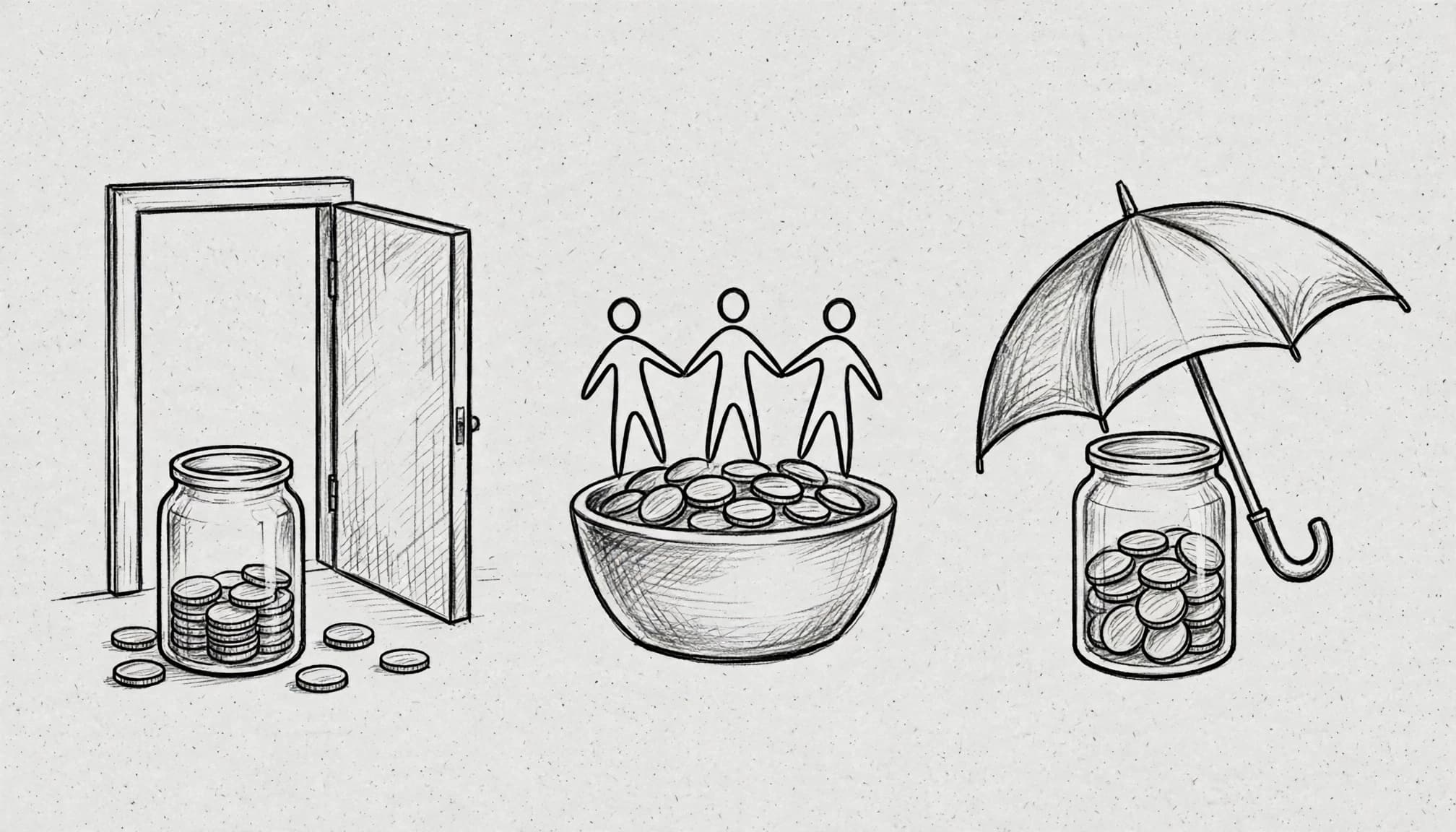 Illustrazione a matita con tre simboli di risparmio previdenziale.