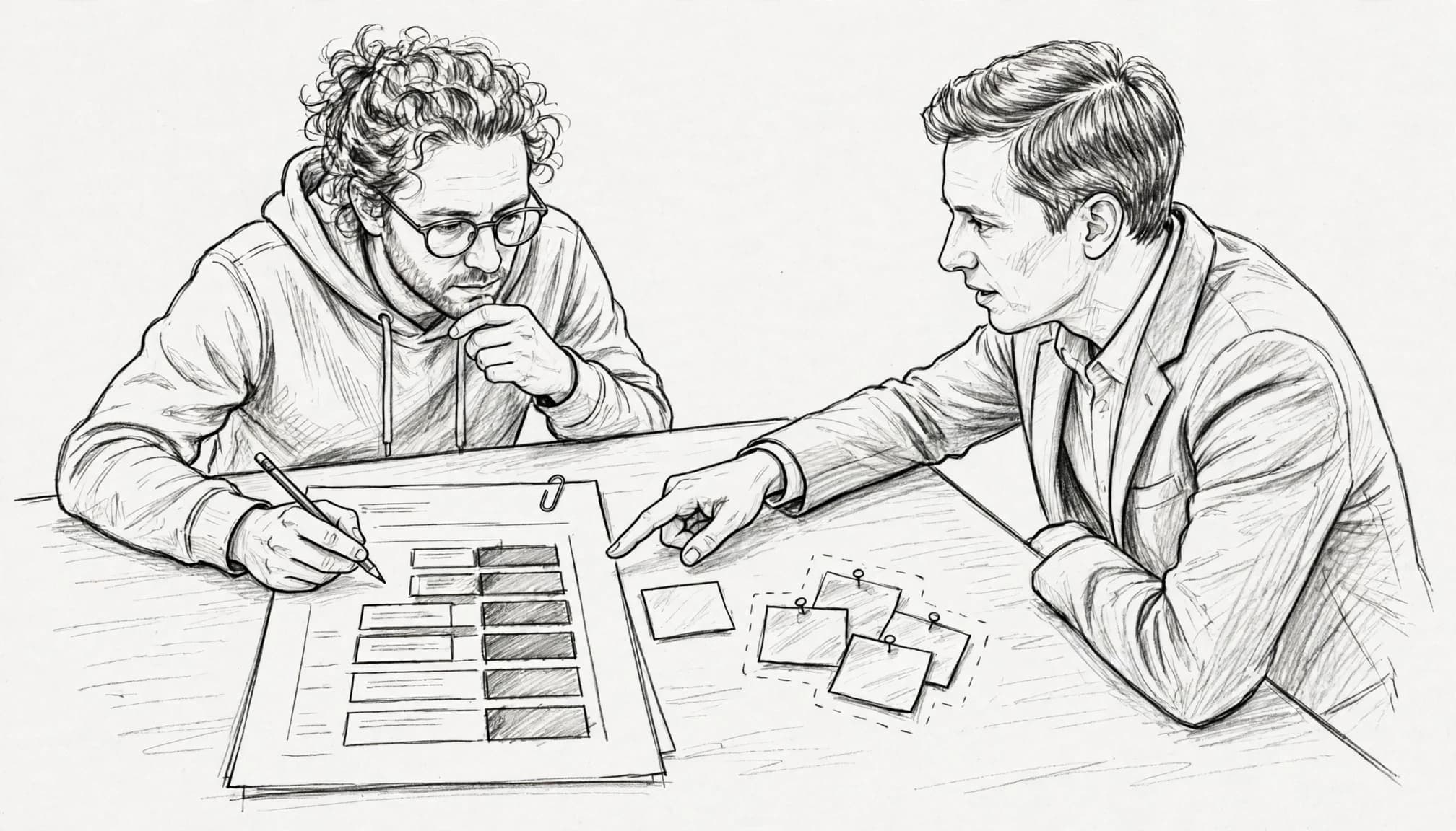 Illustrazione a matita di due persone che discutono su documenti e fogli adesivi.