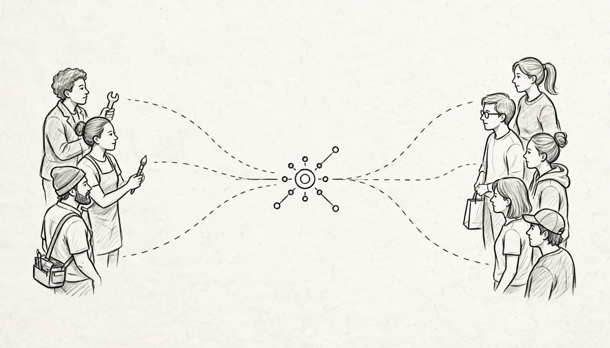 Illustrazione a schizzo di due gruppi di persone collegati da forme astratte centrali.