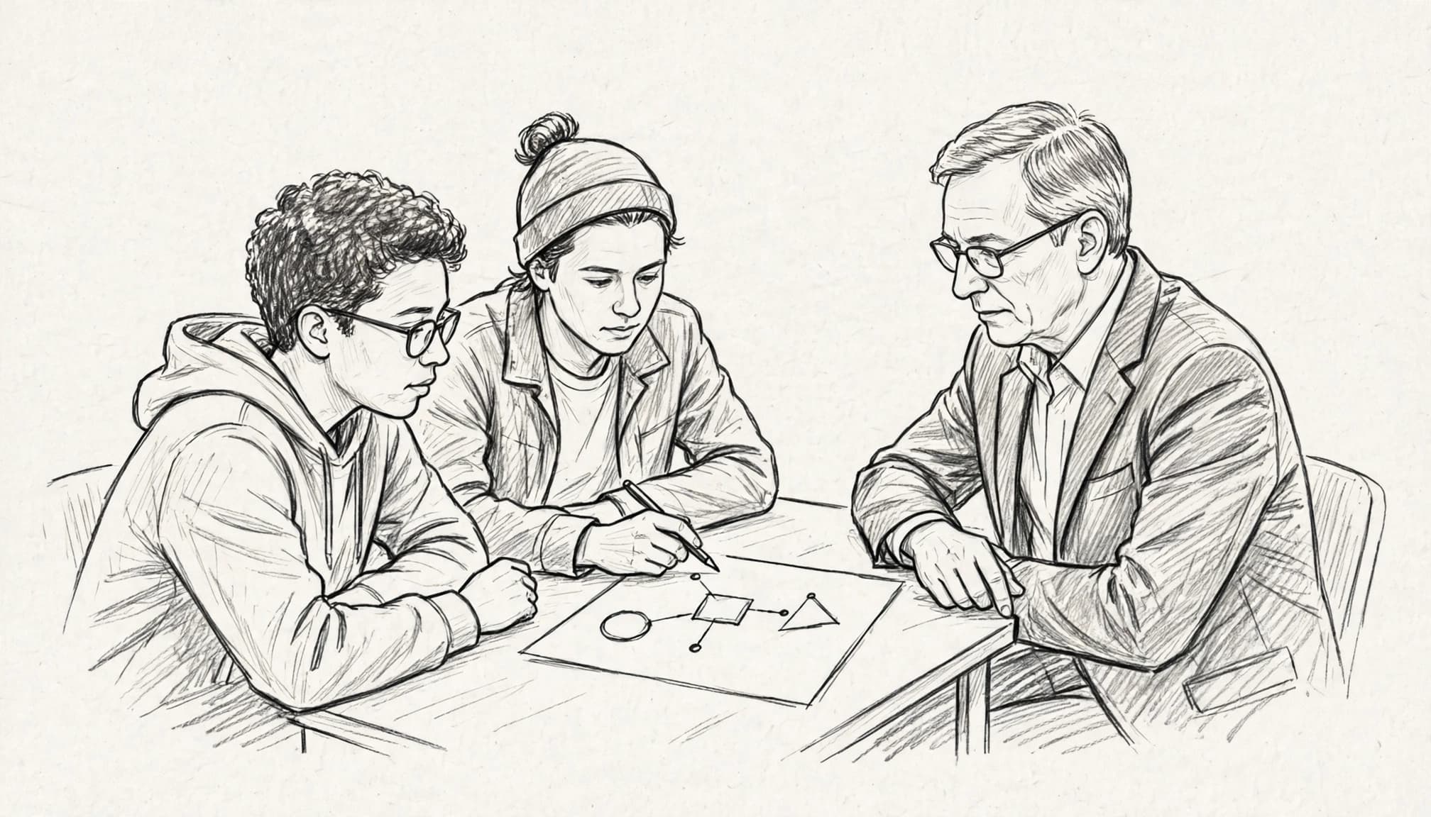 Tre persone siedono a un tavolo esaminando un diagramma.