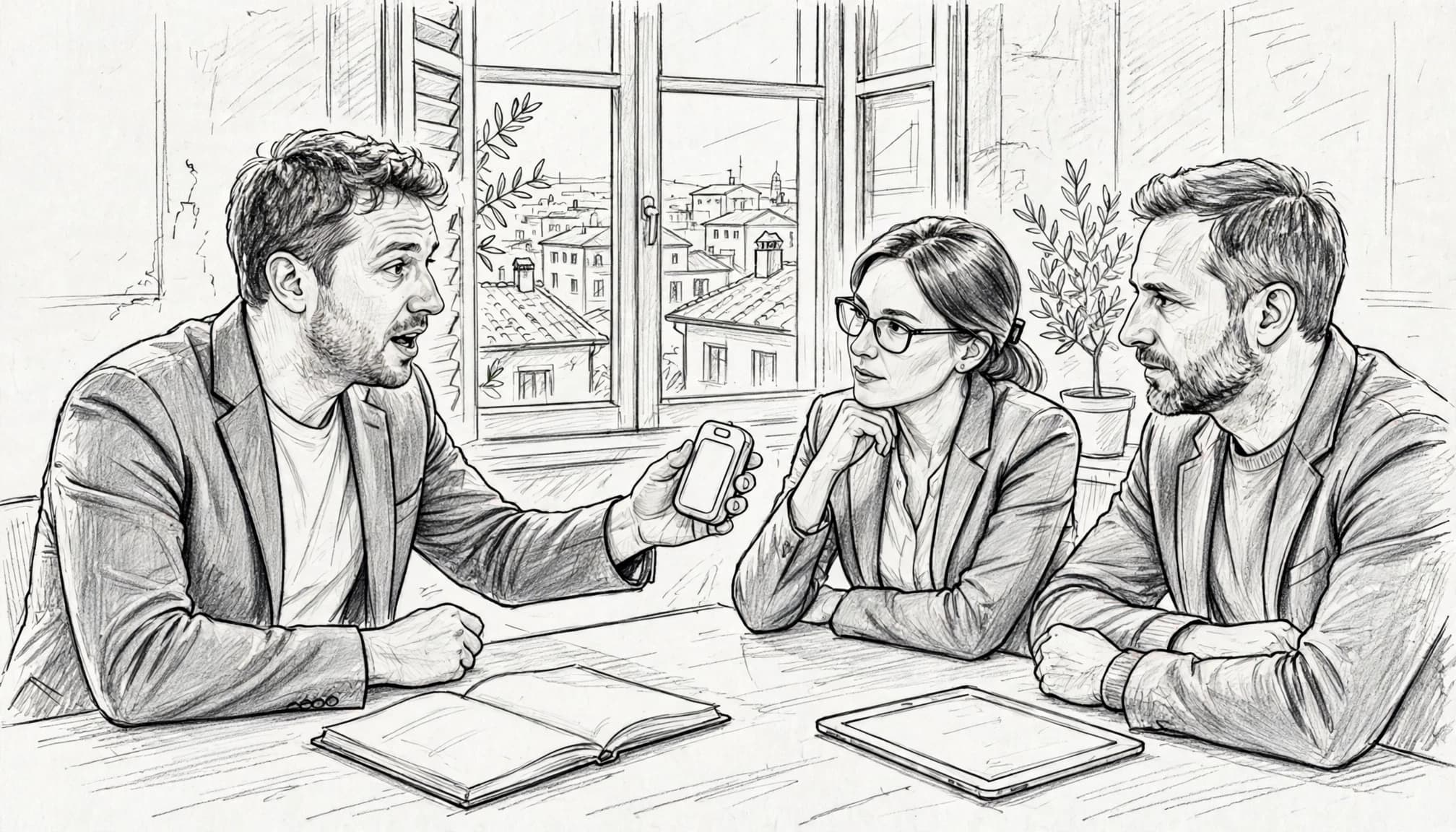 Un fondatore presenta un prototipo a due professionisti in ufficio.