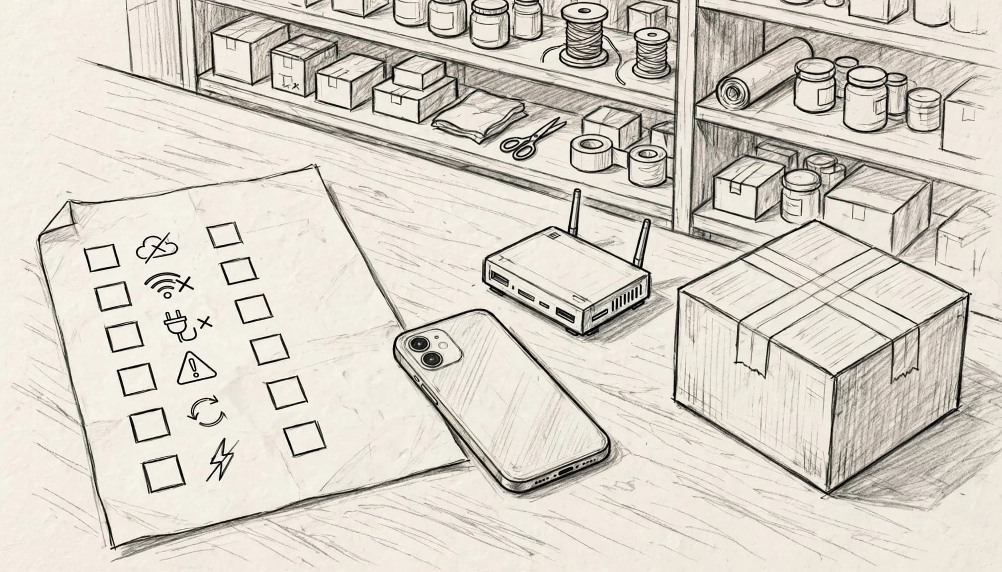 Un modem spento e uno smartphone capovolto accanto a un pacco e a una checklist.