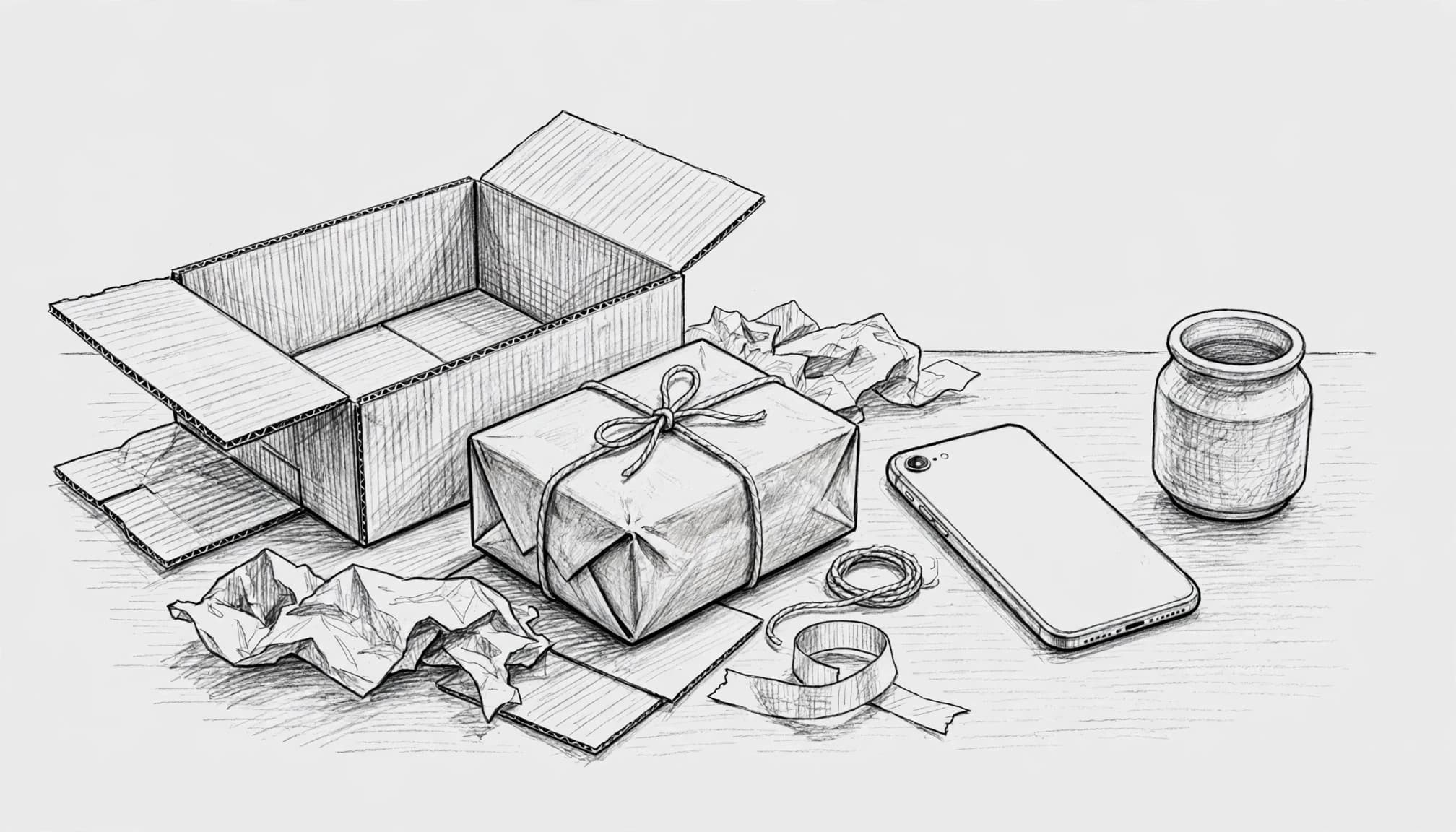 Disegno a matita di un pacco aperto, un pacco regalo, uno smartphone e un vasetto su un bancone.