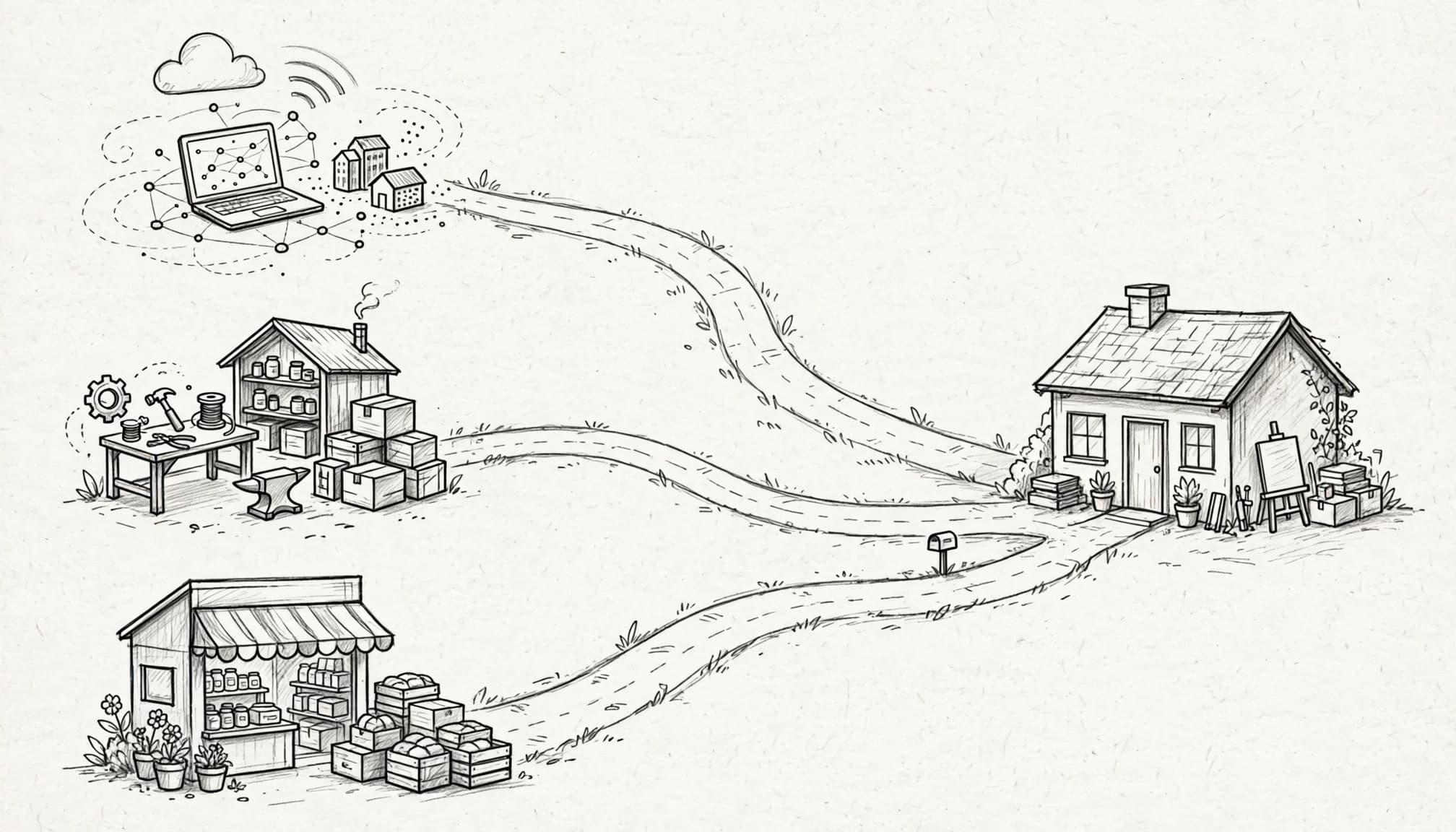 Disegno a matita che mostra tre sentieri che conducono da diverse icone verso una casetta indipendente.