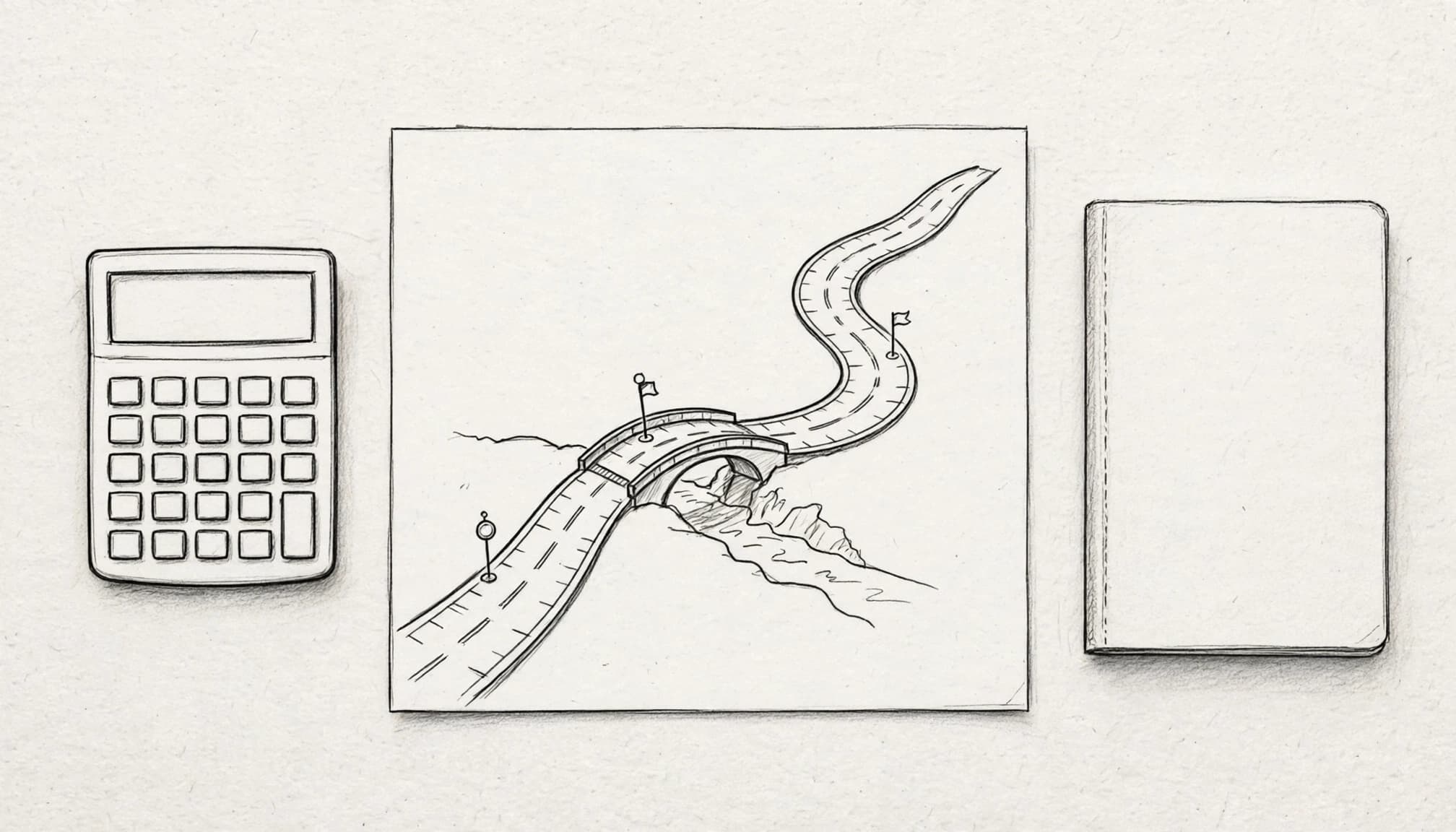 Un grafico a tappe su un foglio, con una calcolatrice e un quaderno chiuso accanto.