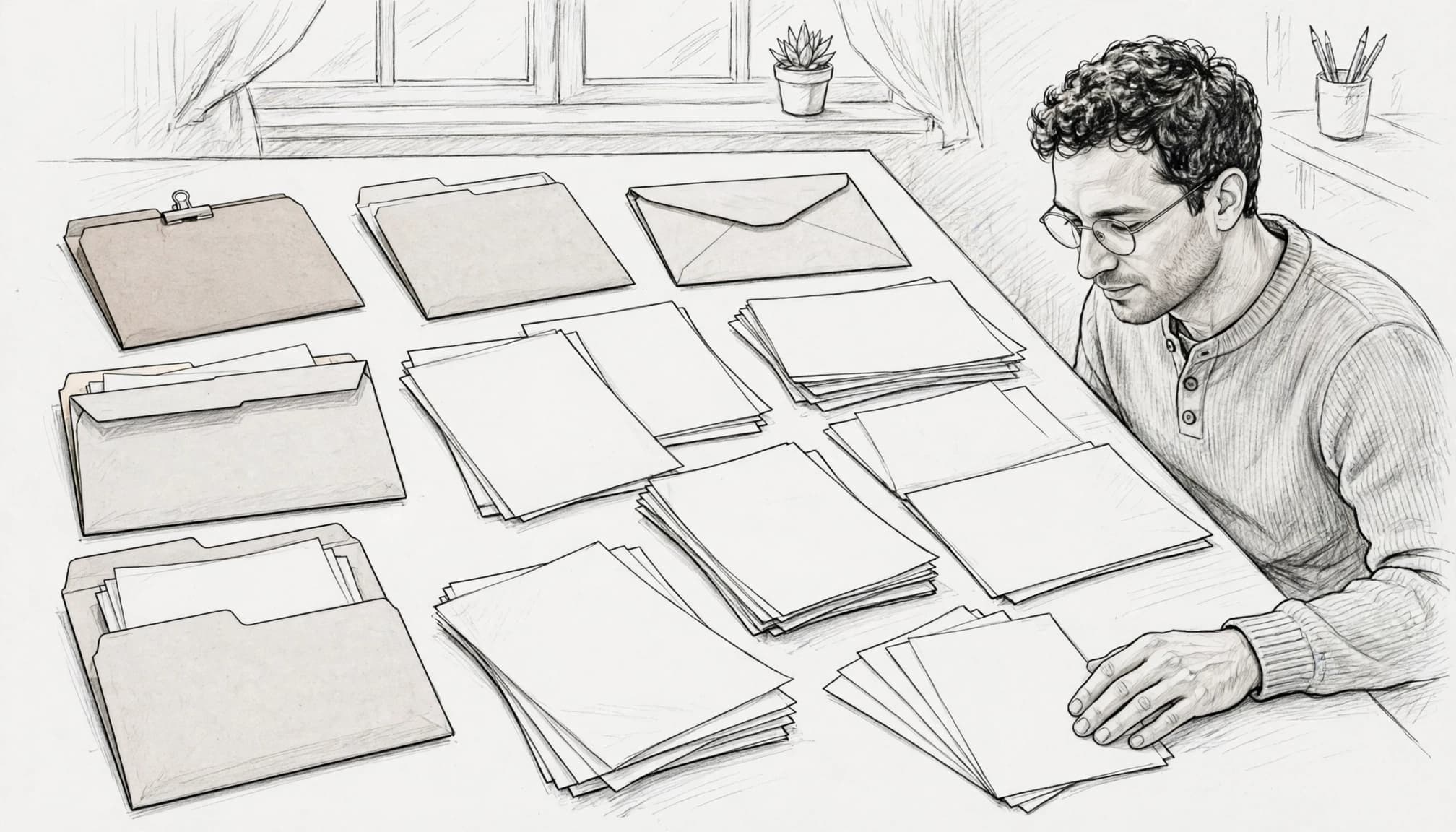 Disegno a matita di un uomo con occhiali che guarda dei fascicoli su un tavolo.