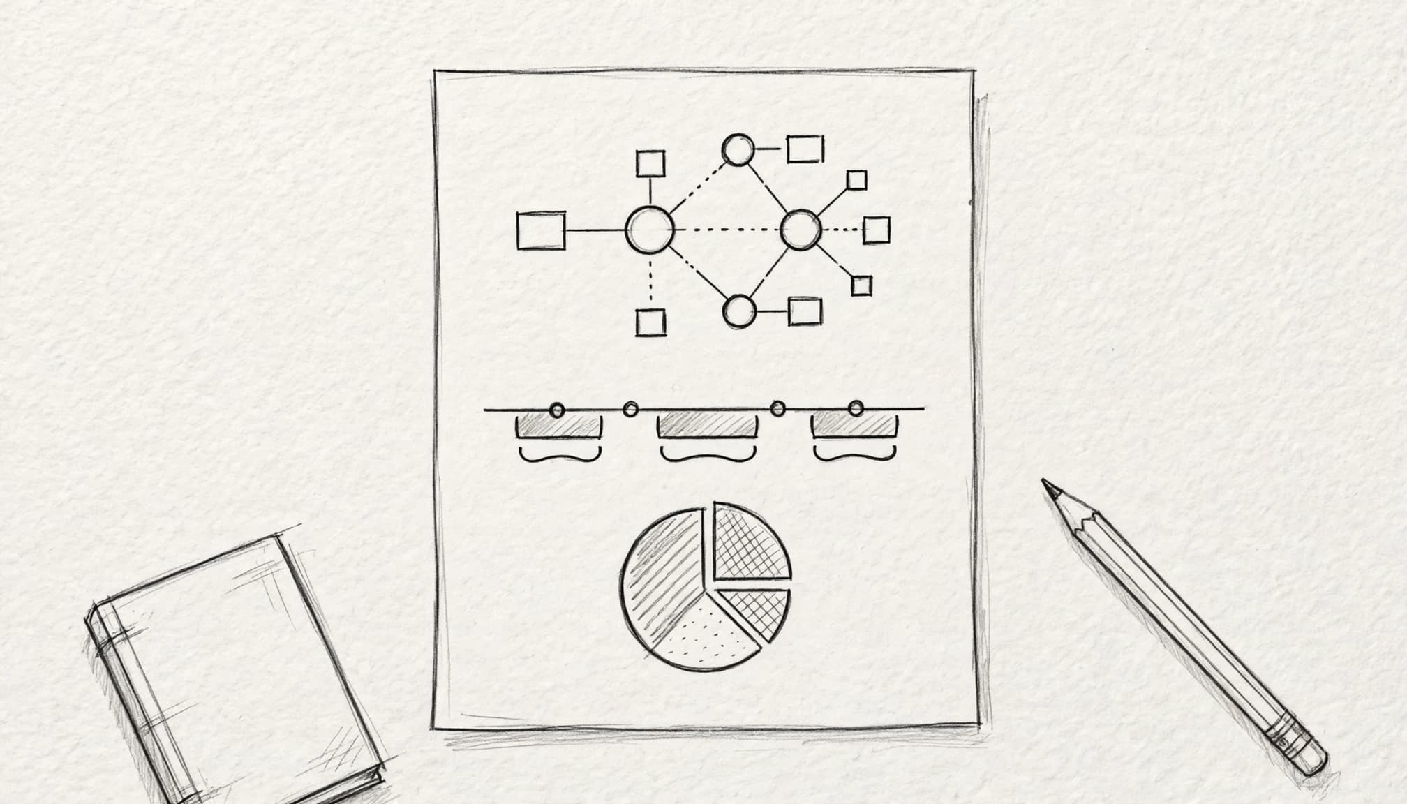 Documento con diagrammi a matita, quaderno chiuso e matita su un piano chiaro.