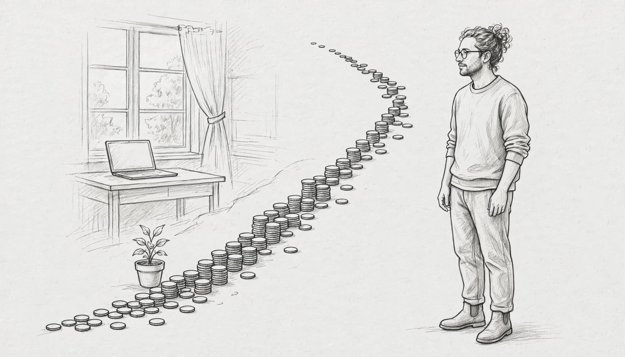 Illustrazione a matita di un giovane freelance in piedi accanto a una scia di monete.