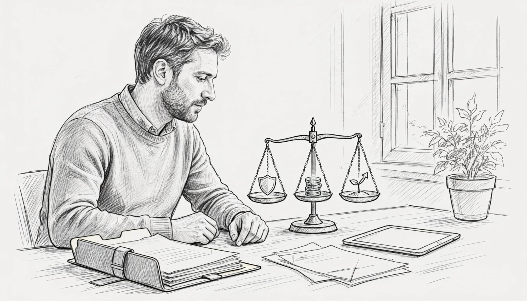 Un fondatore valuta documenti e tablet al tavolo, con una bilancia simbolica sullo sfondo.