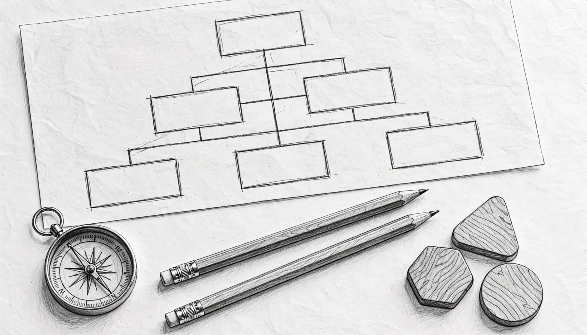 Un diagramma astratto, una bussola, due matite e tre pedine di legno su un tavolo chiaro.
