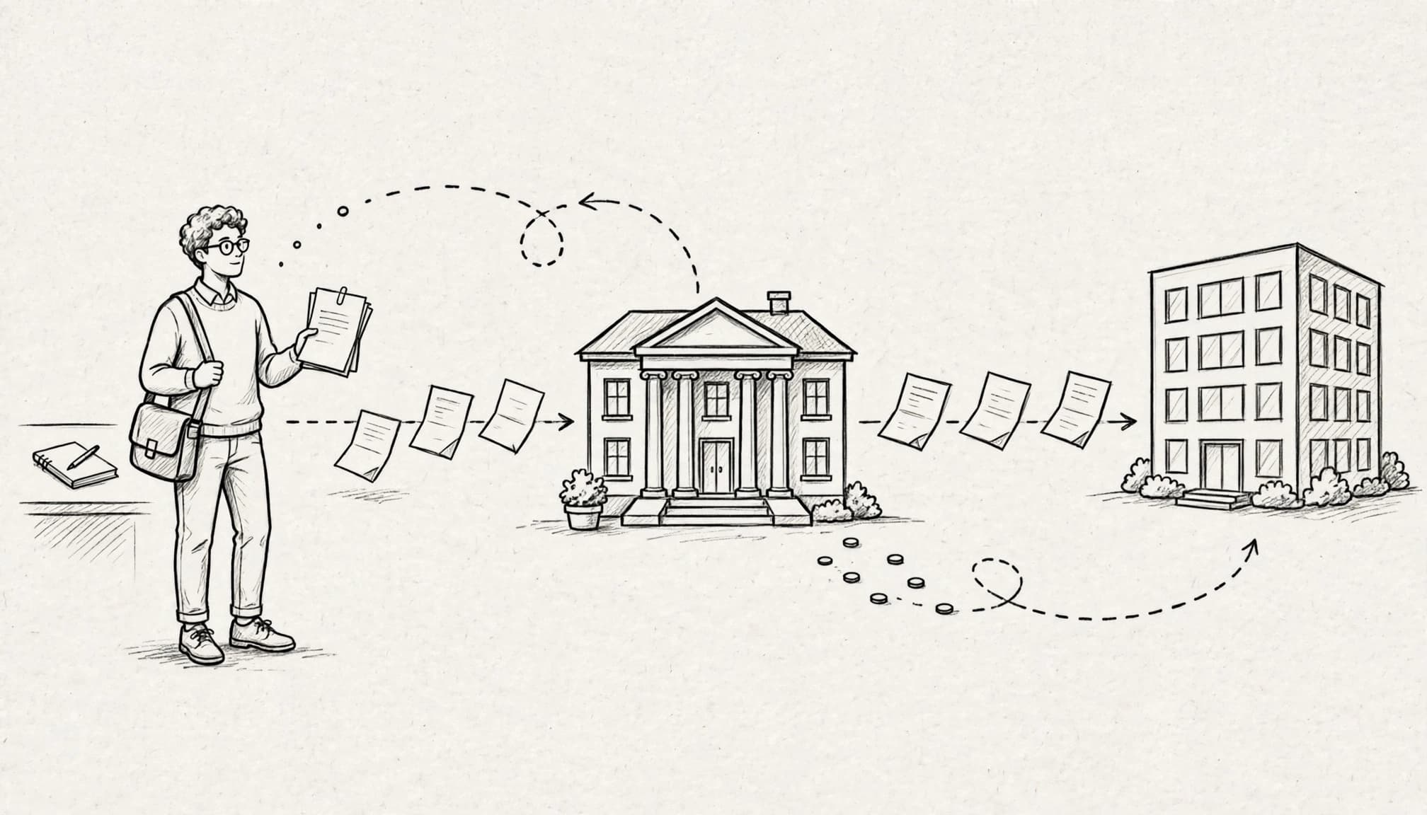 Sketch su carta di un freelance, un edificio istituzionale e un palazzo collegati da fatture.