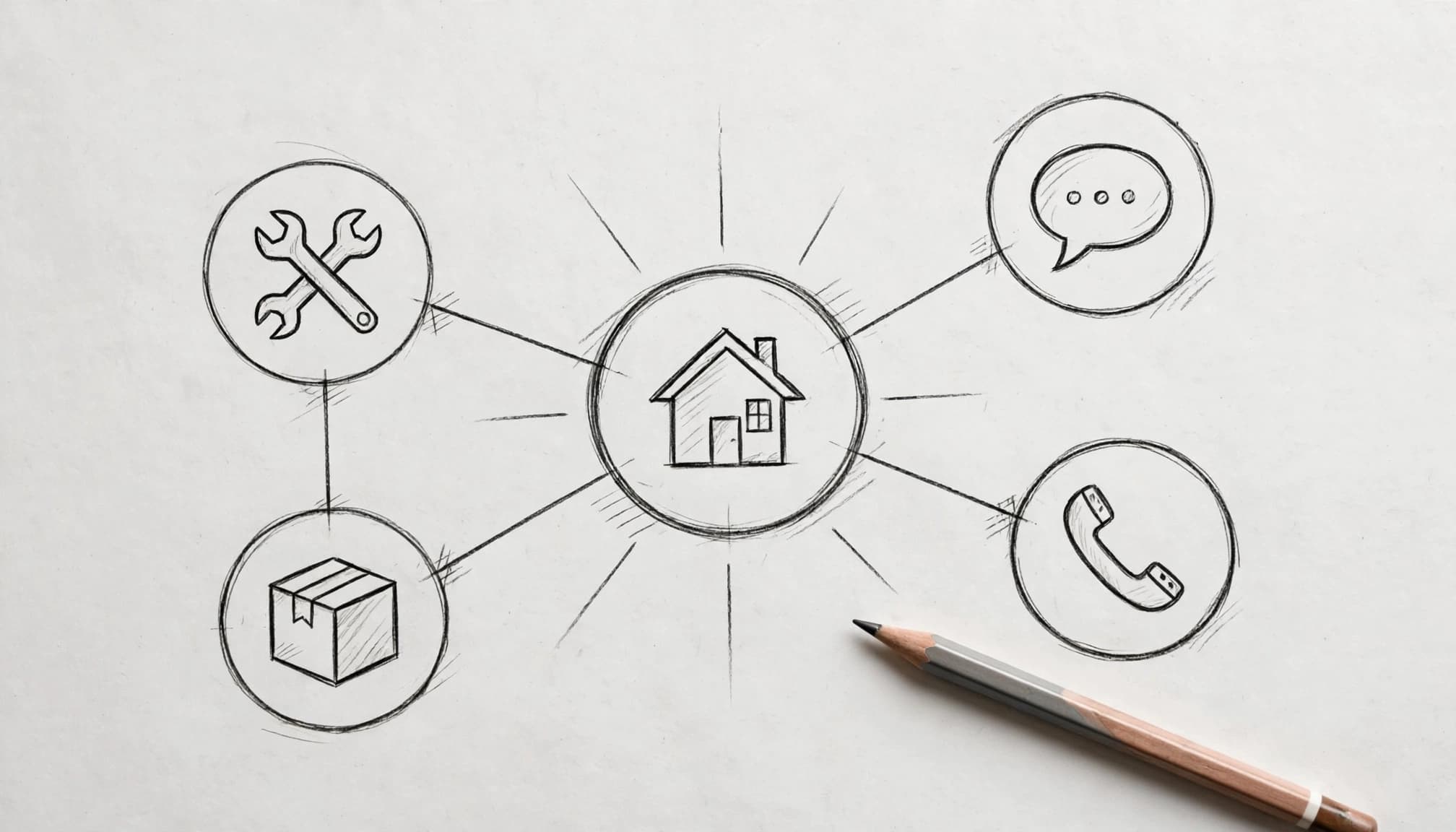 Schizzo a matita di un diagramma di sito web con una casa centrale e icone collegate.