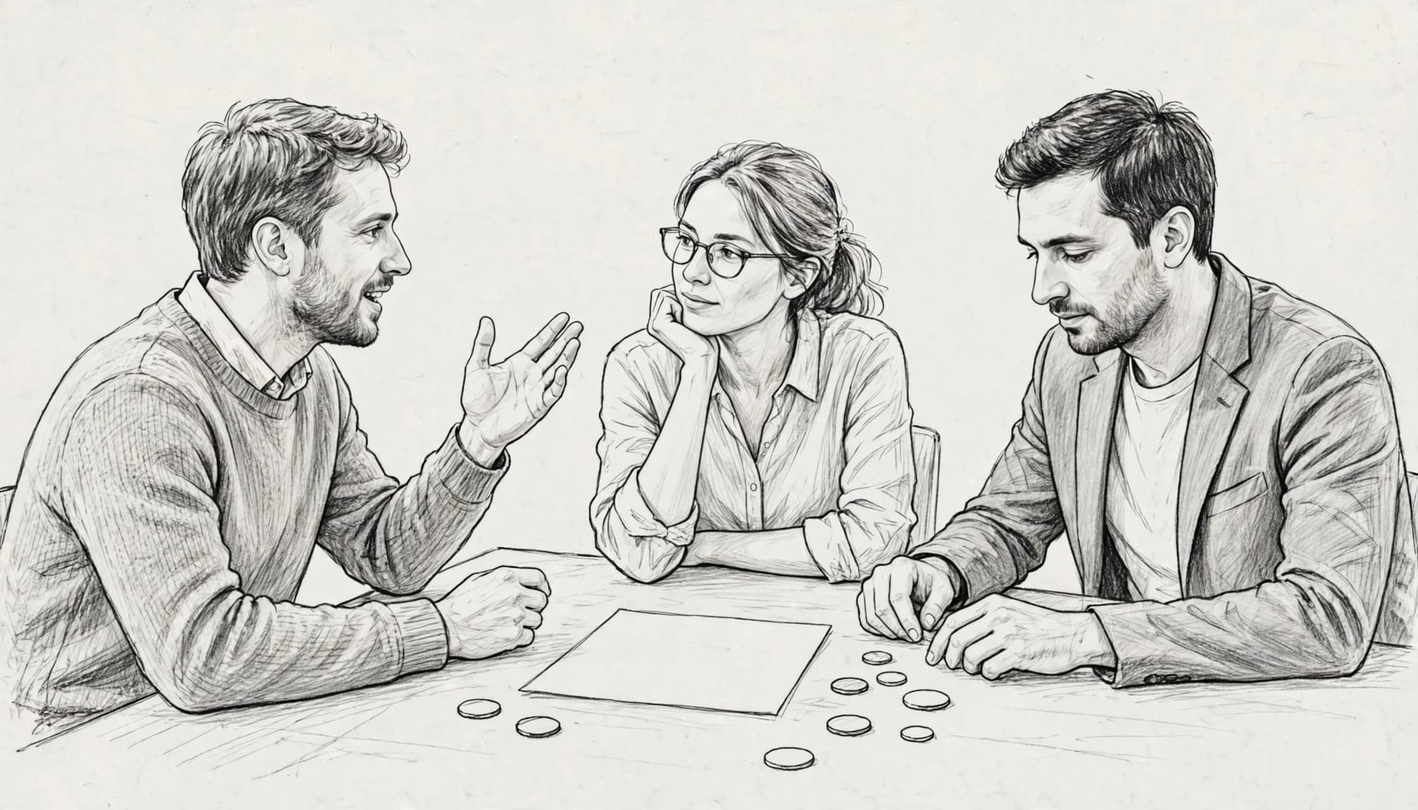 Tre soci discutono attorno a un tavolo con un foglio bianco e alcuni gettoni.