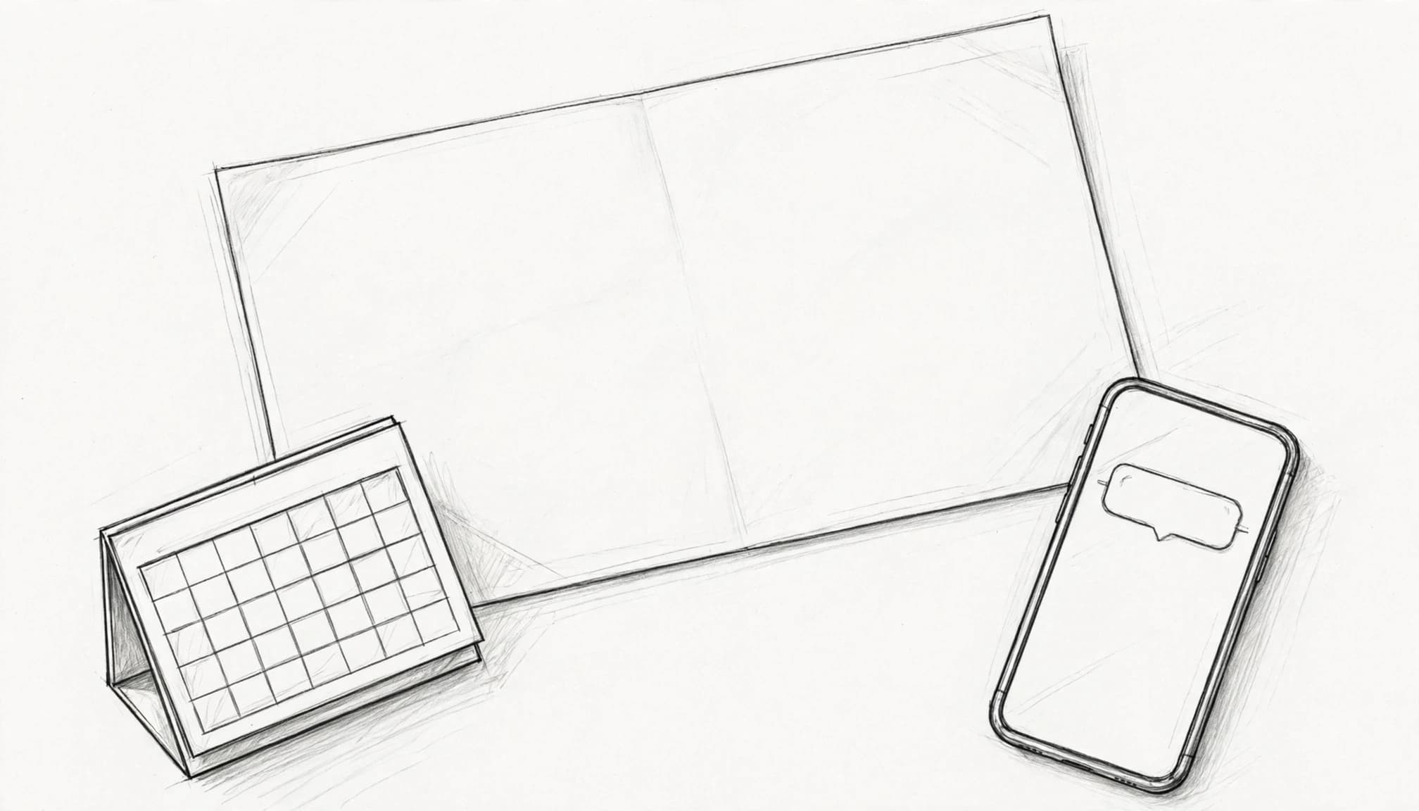 Disegno a matita di un foglio vuoto, un piccolo calendario da tavolo e uno smartphone.