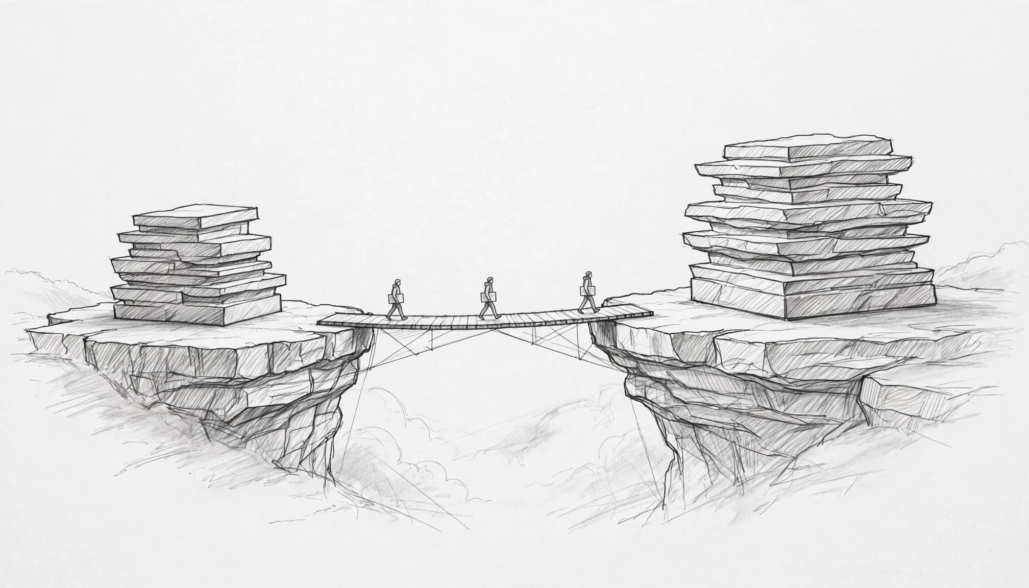 Tre fondatori attraversano un ponte tra due piattaforme, portando cartelle.