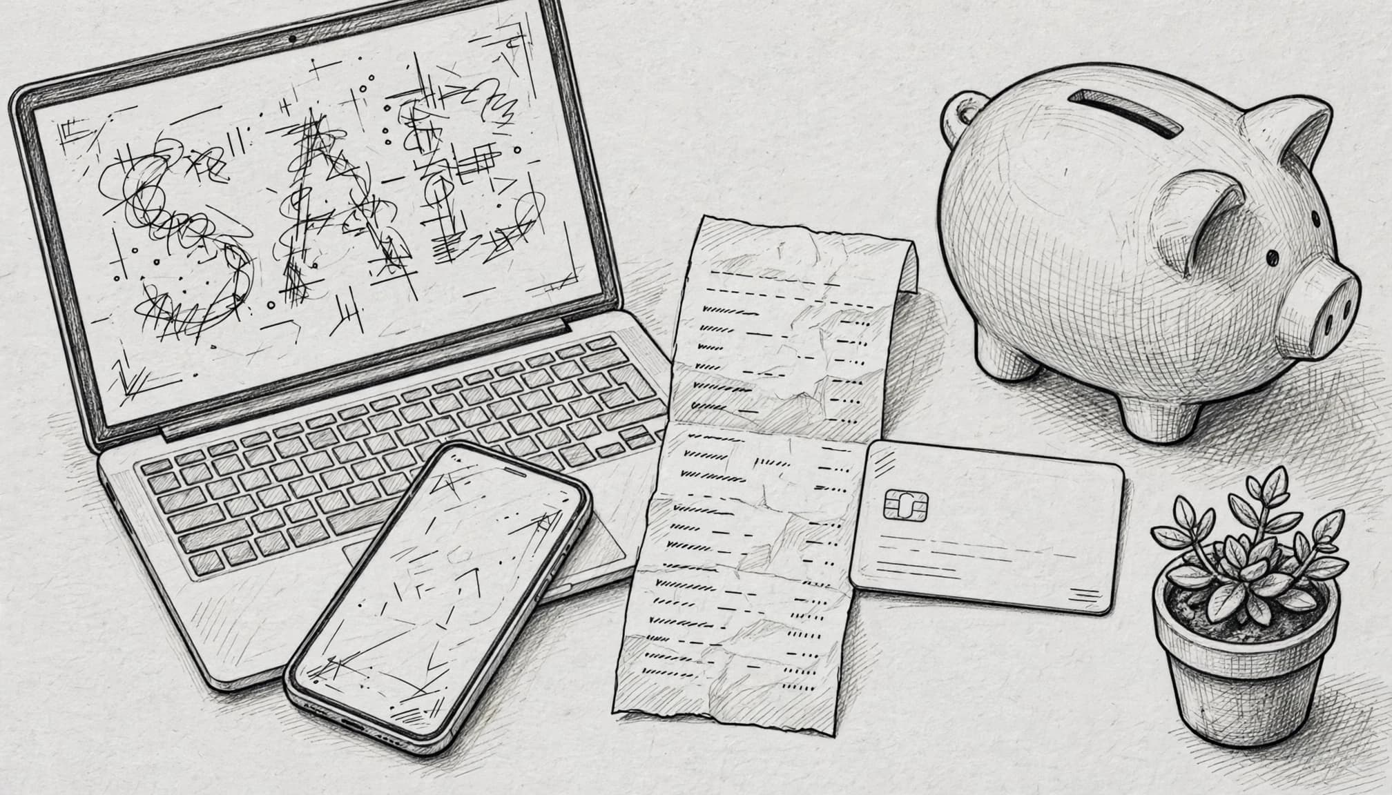 Illustrazione a matita con laptop, salvadanaio, ricevuta, carta di credito e piantina.