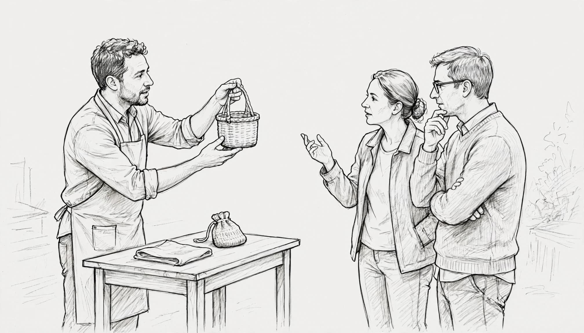 Disegno a matita di un venditore che mostra un cestino a due clienti.